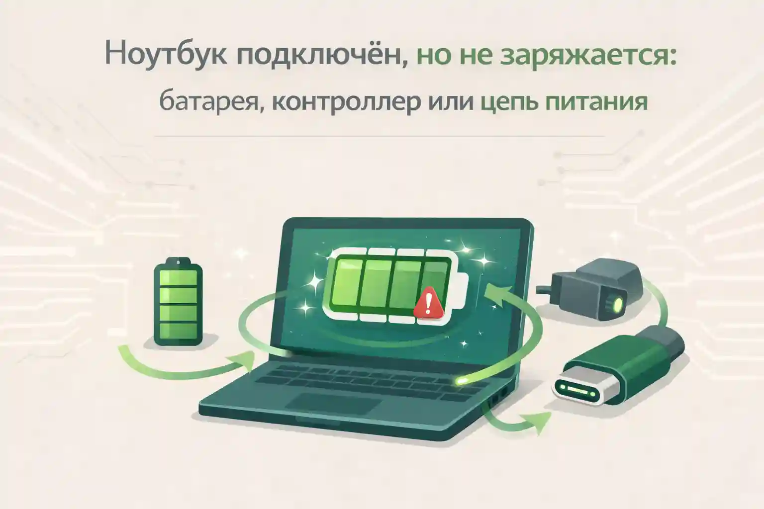 Ноутбук подключён, но не заряжается: батарея, контроллер или цепь