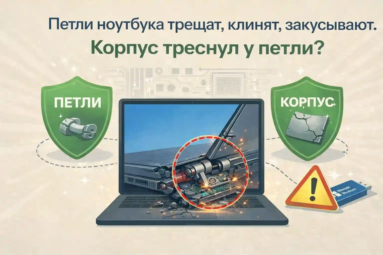 Петли ноутбука тугие, трещит корпус или ломает крышку — что делать