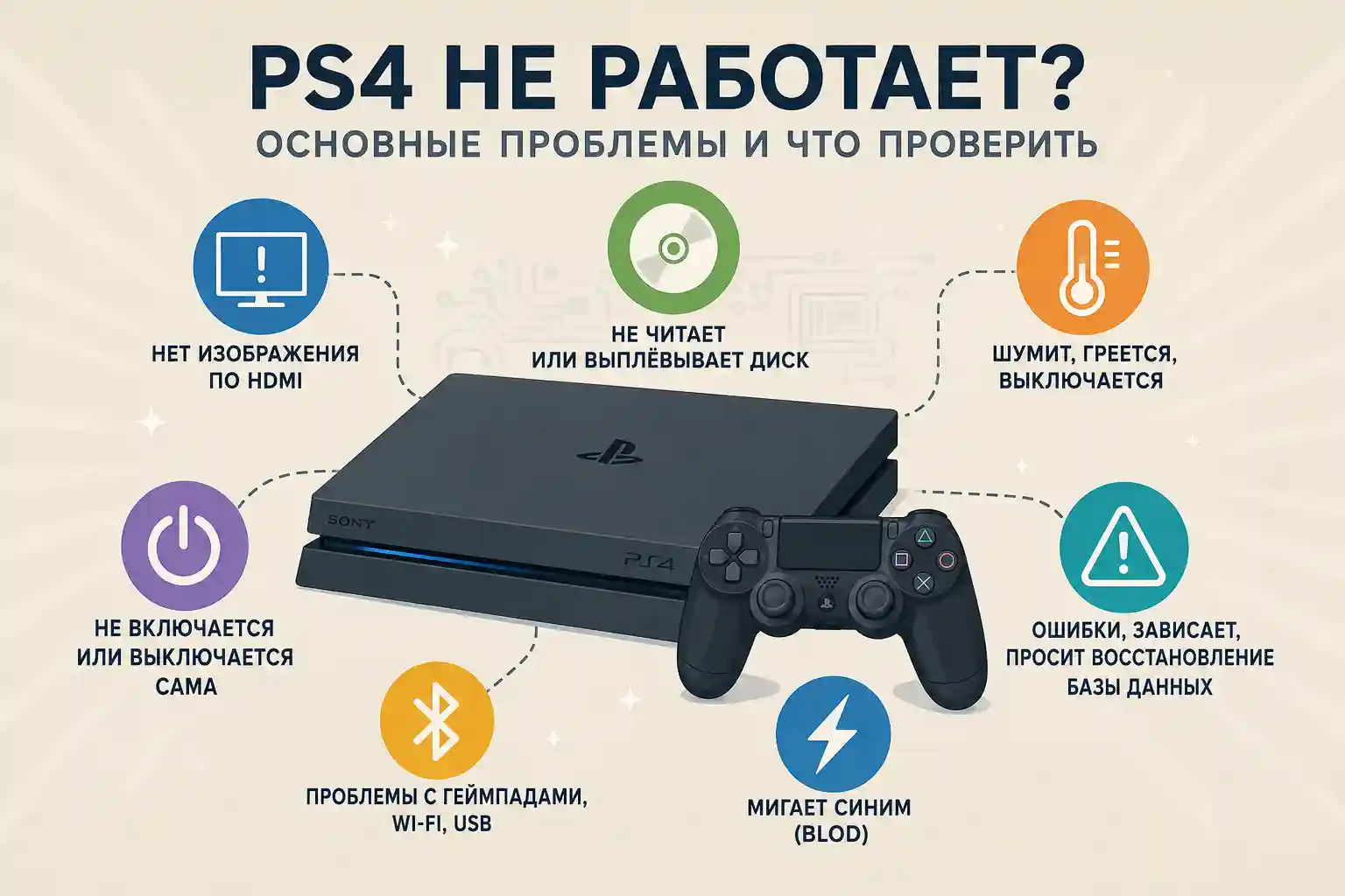 PS4 не работает: не включается, нет изображения, шумит или не читает диски